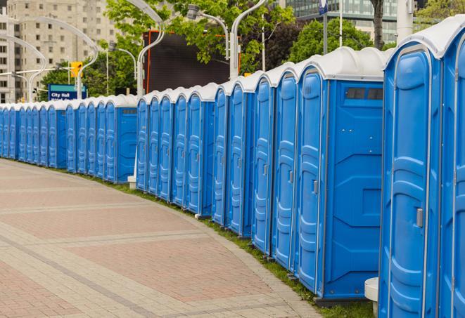 a line of portable restrooms set up for a wedding or special event, ensuring guests have access to comfortable and clean facilities throughout the duration of the celebration in Brule